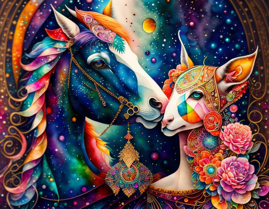 Digital artwork featuring two mythical unicorn heads in white and orange against a cosmic backdrop with floral elements