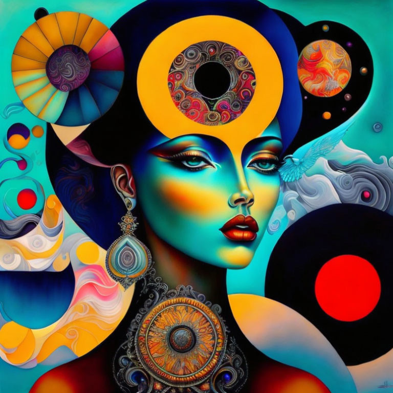Vibrant surreal artwork of a stylized woman with jewelry and abstract circles.