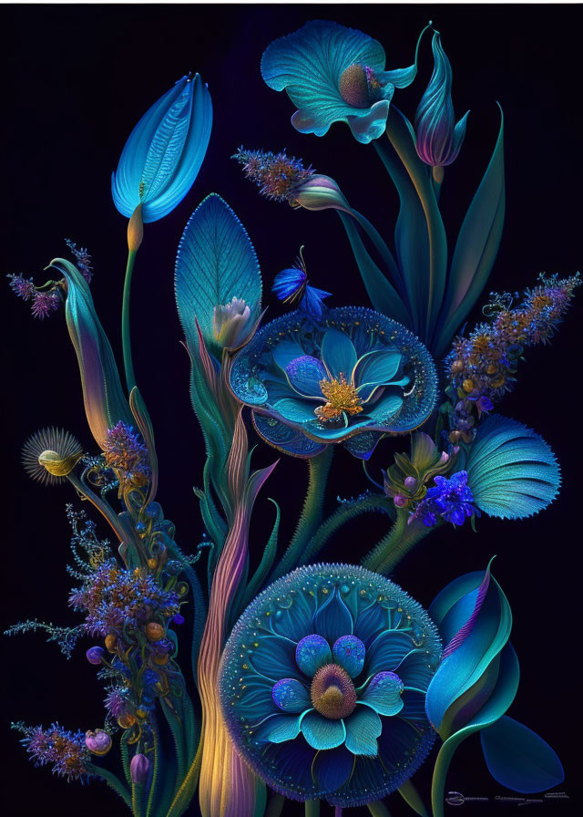 Colorful digital artwork: stylized flowers and plants in luminescent blues and purples on