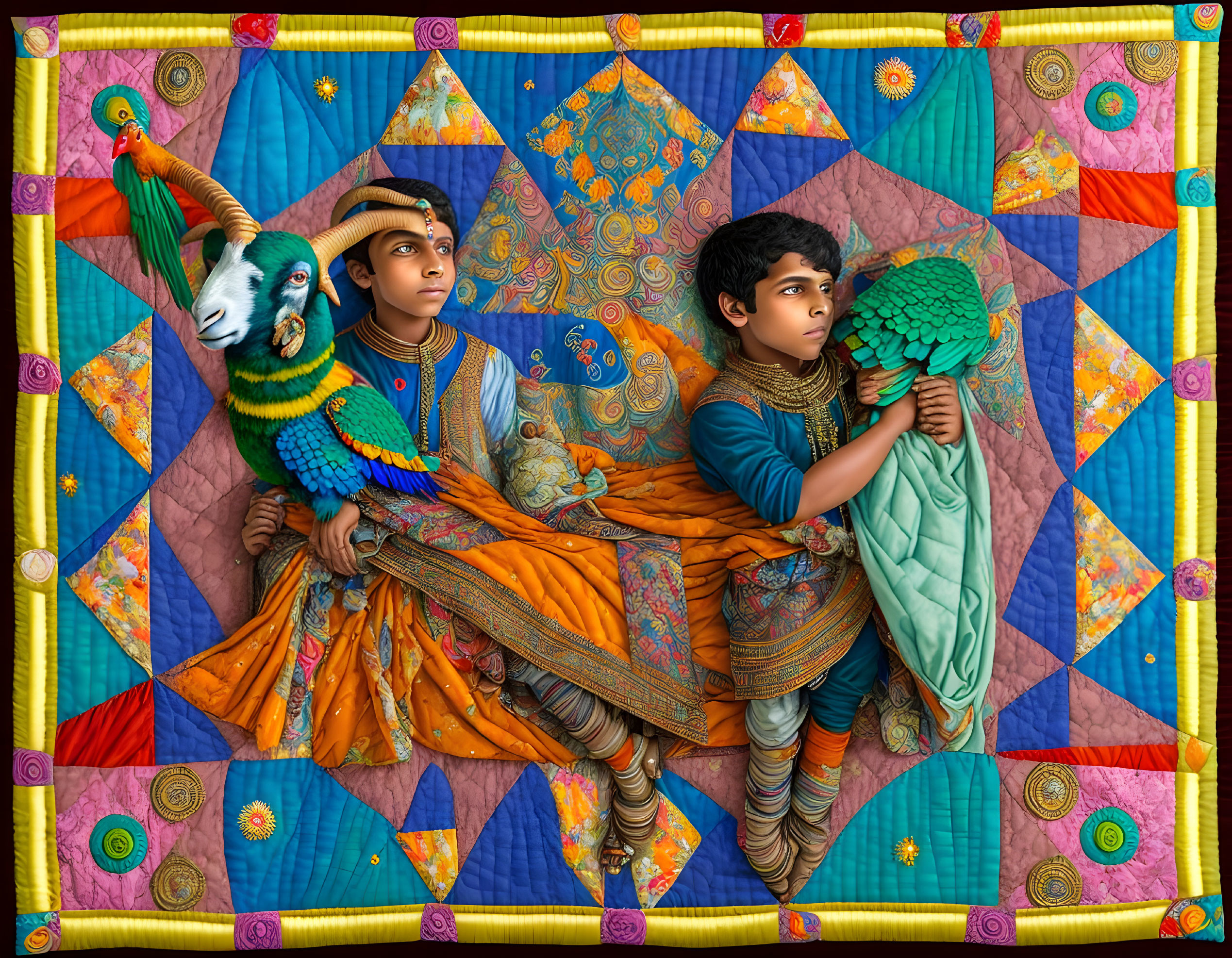 Children in traditional Indian attire with colorful parrots on vibrant quilt.