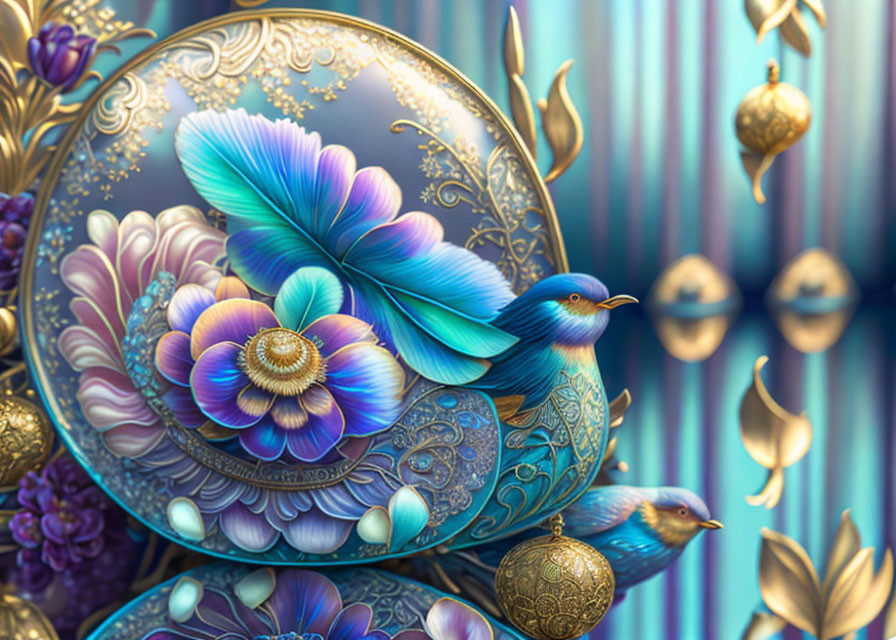 Ornate golden spheres with blue hummingbird and flowers on striped background