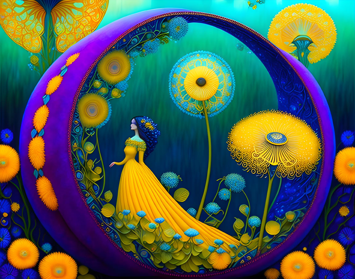 Whimsical digital illustration of woman in yellow dress with peacock feathers and fantastical flora