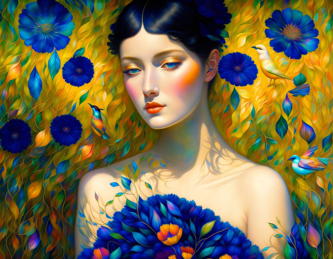 Woman with Blue Flowers and Birds: Vibrant Art-Nouveau Painting