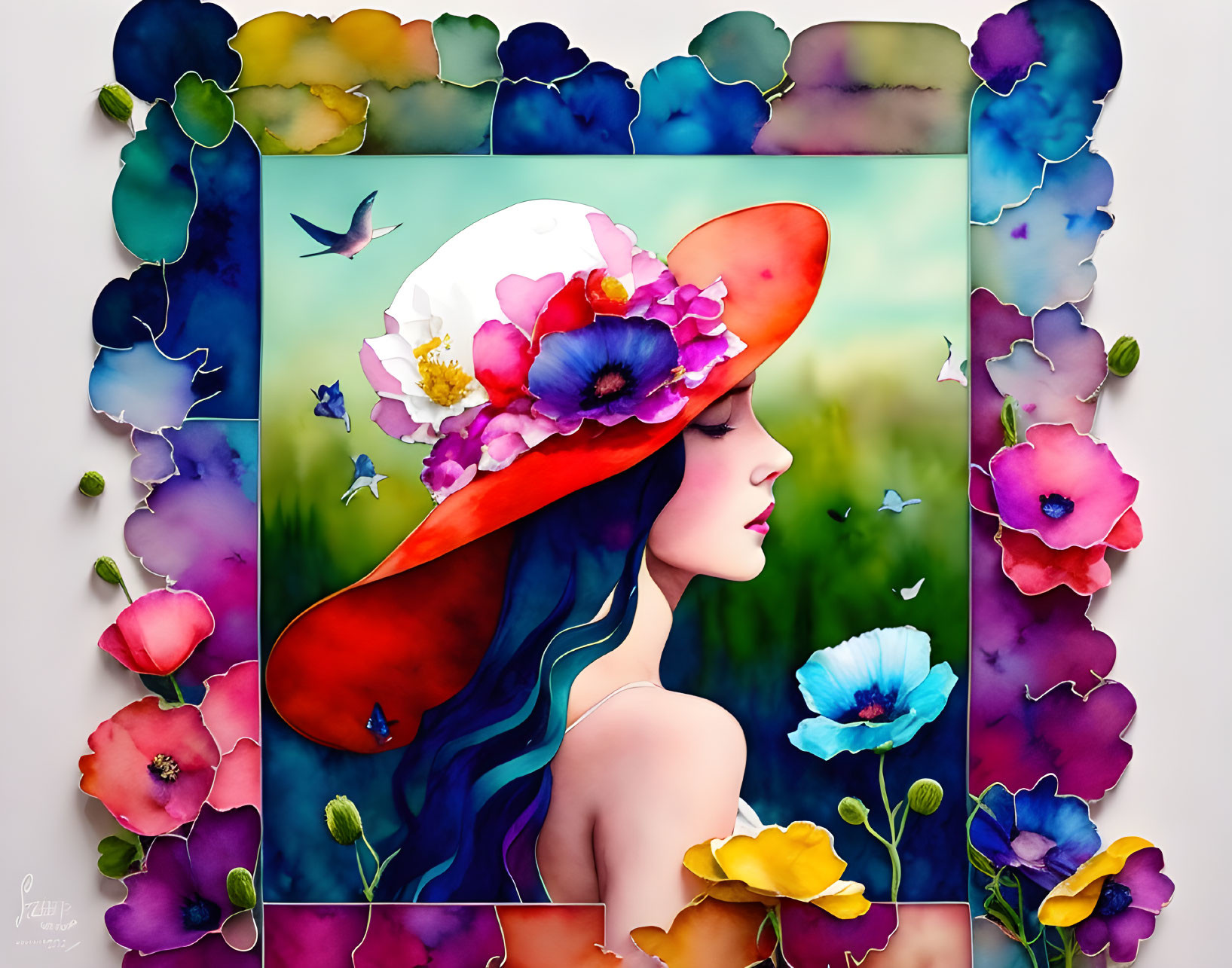 Colorful Artwork: Woman in Floral Hat Surrounded by Flowers and Hummingbirds