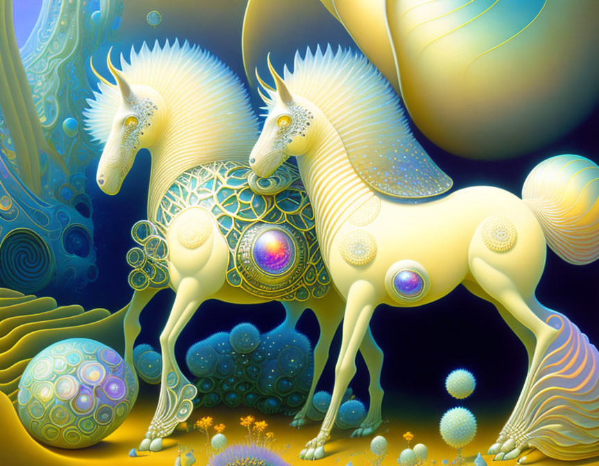 Stylized unicorns with ornate patterns in vibrant landscape