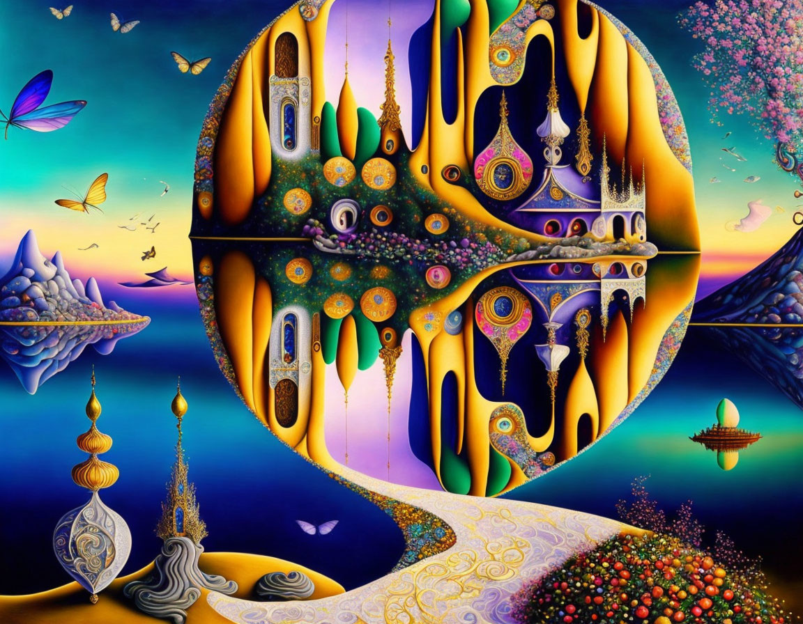 Surrealist artwork: Golden egg structure, lanterns, butterflies in vibrant dreamscape