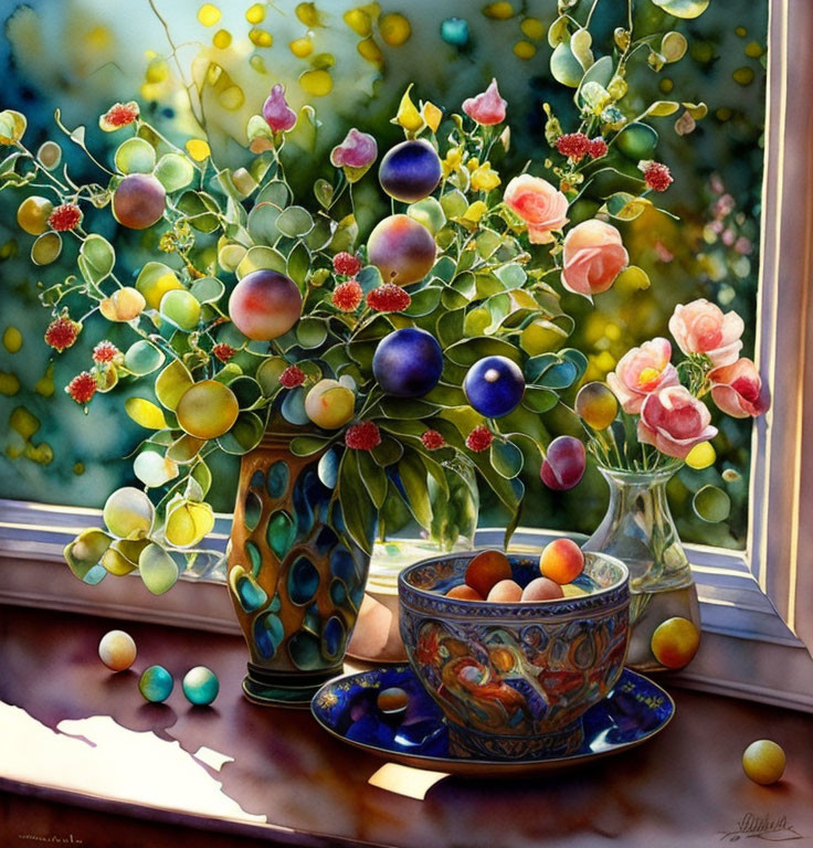 Colorful Flowers and Fruits in Vase on Sunny Windowsill