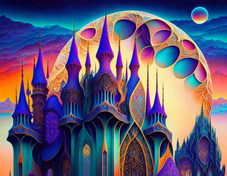 Fantastical castle with ornate spires under colorful sky.