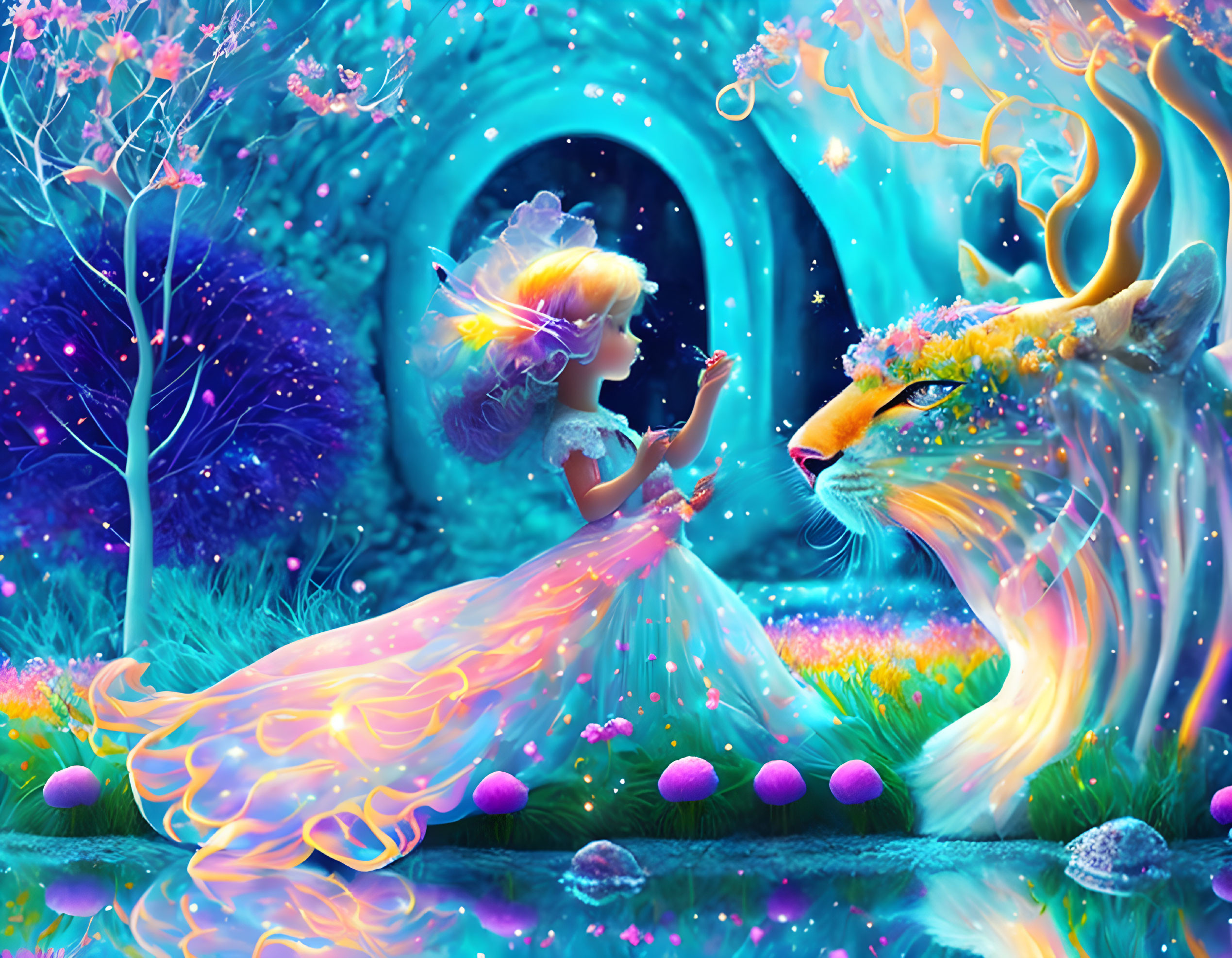 Girl in flowing dress with majestic lion in vibrant fantasy scene