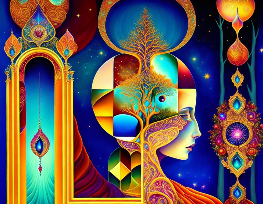 Colorful Psychedelic Artwork with Woman Profile, Cosmic Elements, and Tree Symbolism