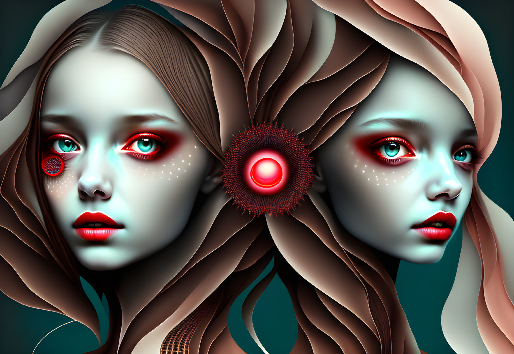 Twin girls digital artwork: turquoise skin, red eyes, floral embellishments