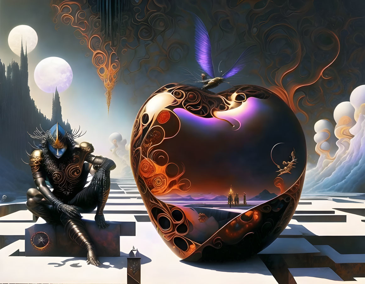 Surreal artwork: Horned figure, heart, moons, floating structures