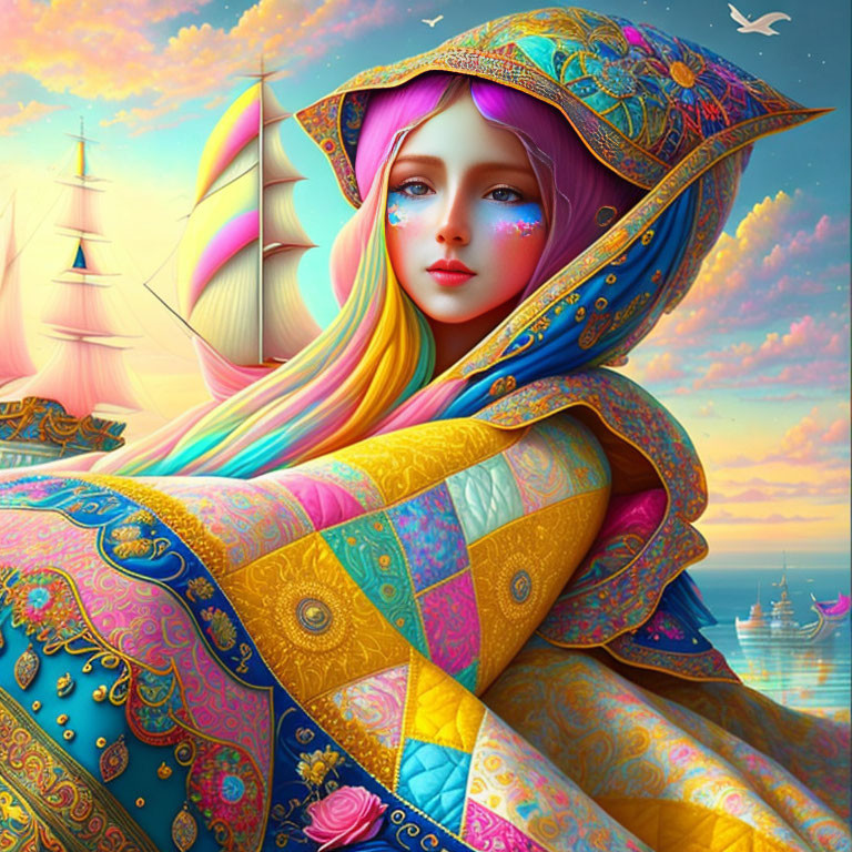 Colorful digital artwork of woman with multicolored hair in patchwork hood against seascape with ships