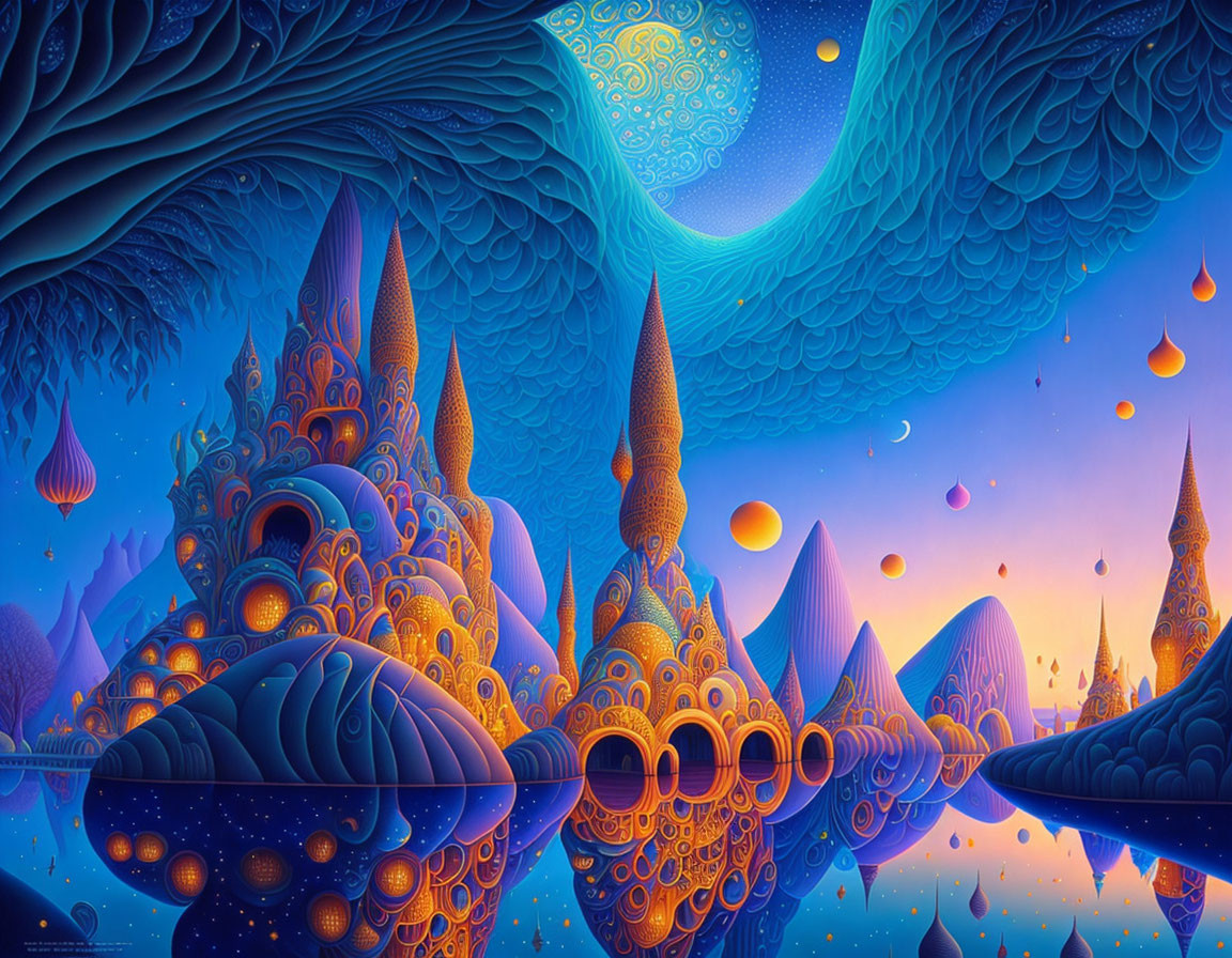 Fantasy landscape with ornate structures, hot air balloons, and swirling sky.