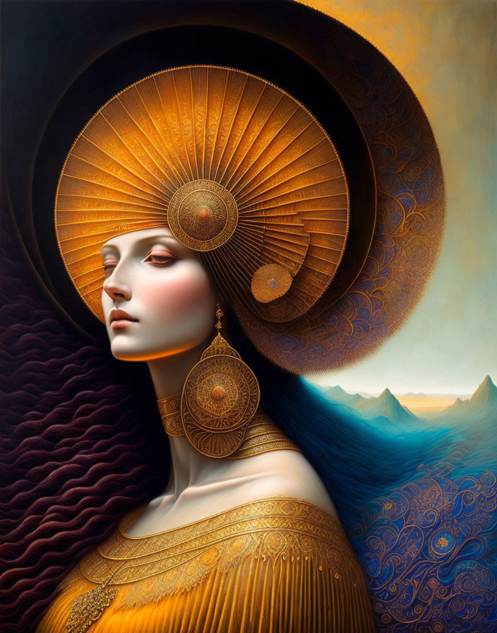 Mystical female figure with ornate headdress and red hair in surreal landscape