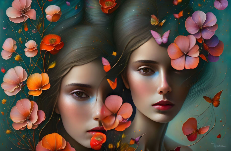 Vibrant orange flowers and butterflies frame two women's faces in dreamy digital art