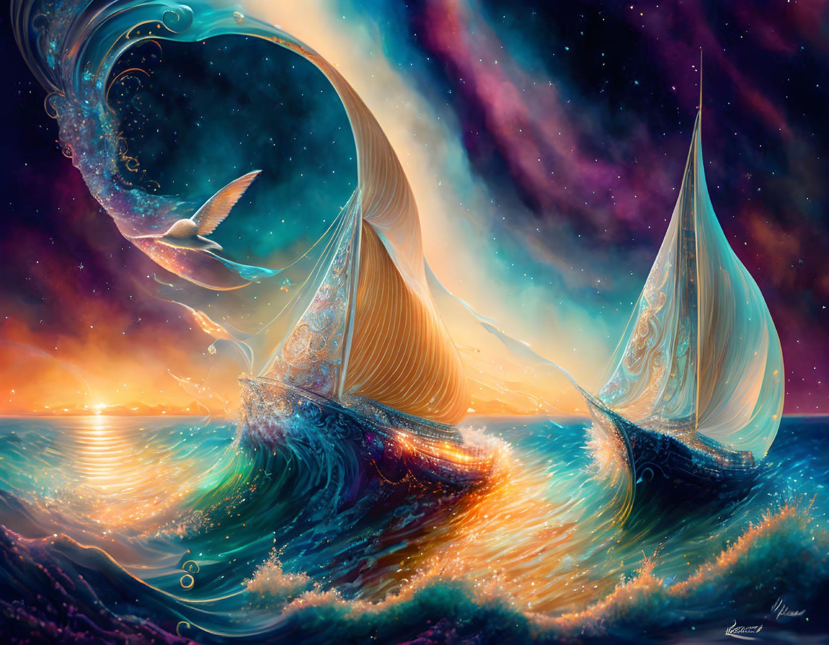 Sailboats on vibrant sea under twilight sky with elegant waves and flying bird