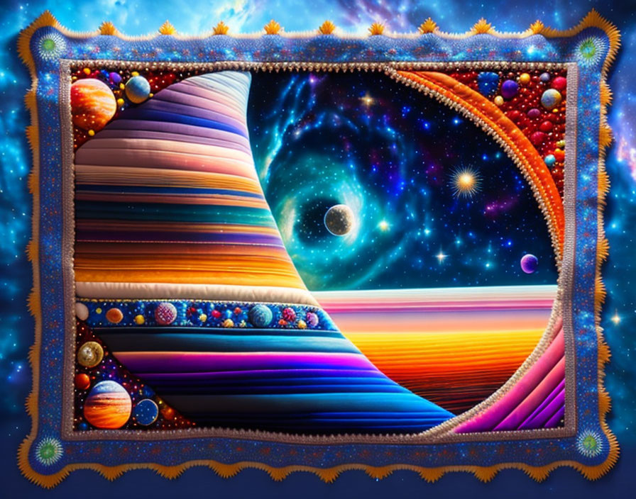 Colorful cosmic tapestry featuring spiraling portal, celestial bodies, planets, stars, vibrant colors,