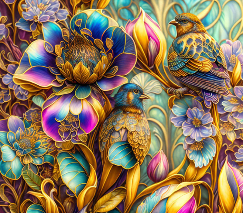 Detailed digital art: Two birds among colorful flowers