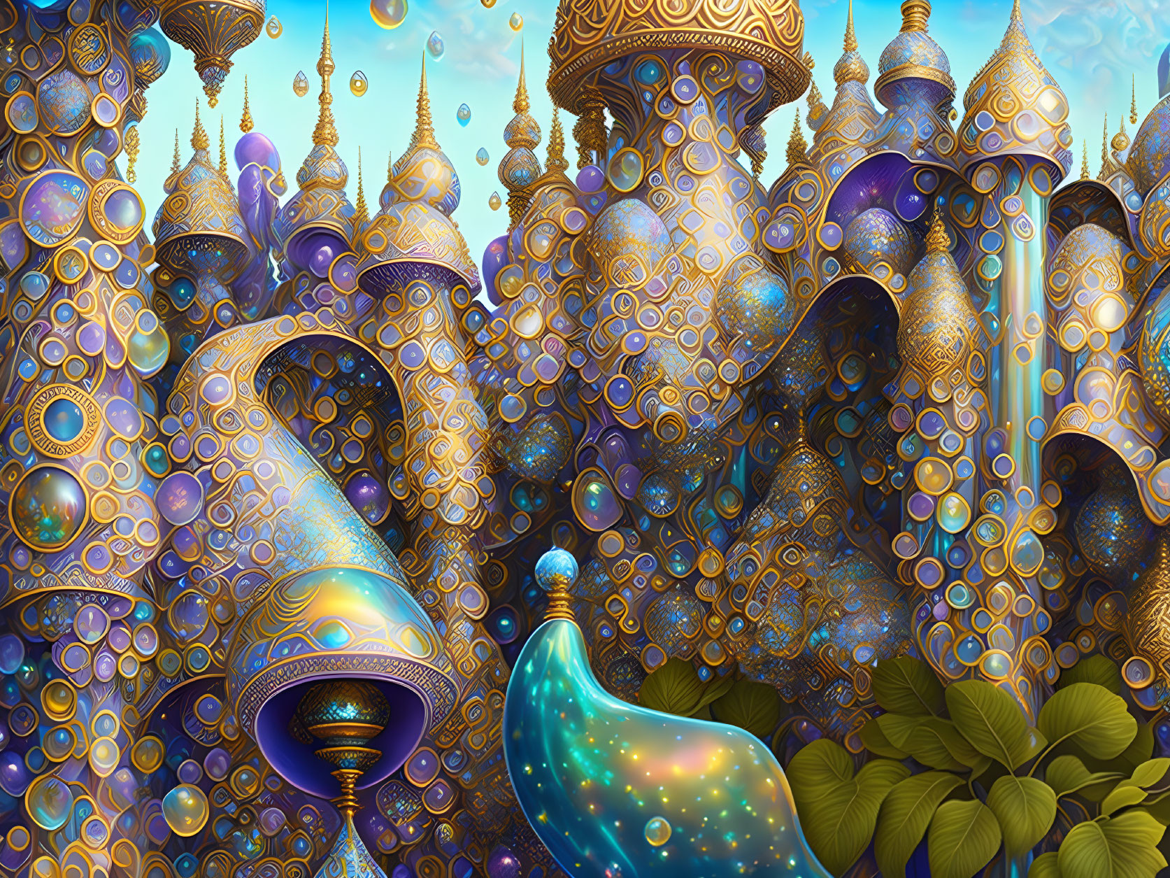 Vibrant fantasy city with golden domes and floating elements