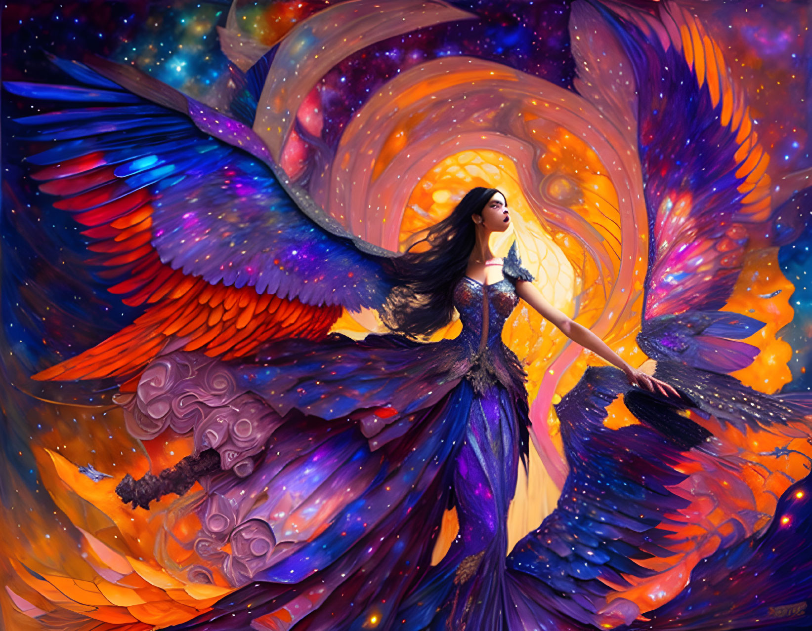 Colorful Winged Woman in Cosmic Fantasy Illustration