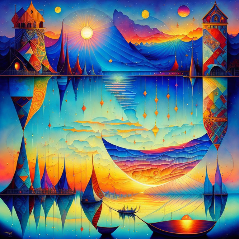 Colorful Fantasy Artwork with Mirrored Landscapes & Celestial Theme