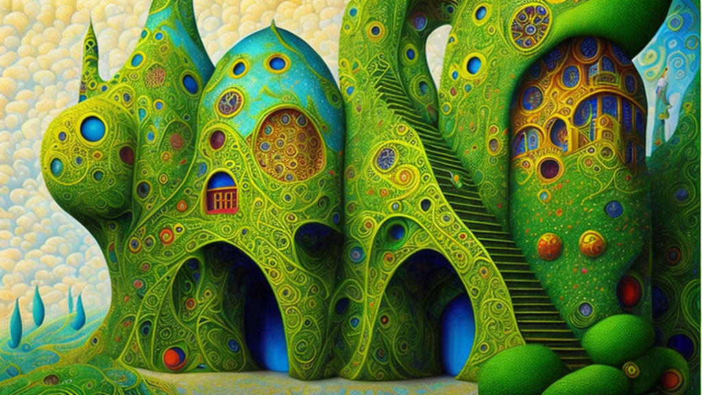 Colorful illustration of whimsical organic building with eye-like patterns and swirling motifs