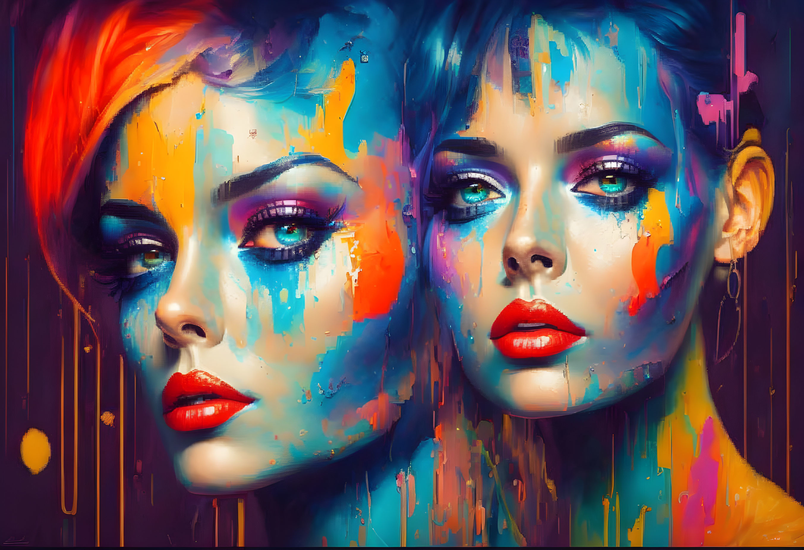 Colorful digital art: two women with melting paint on faces