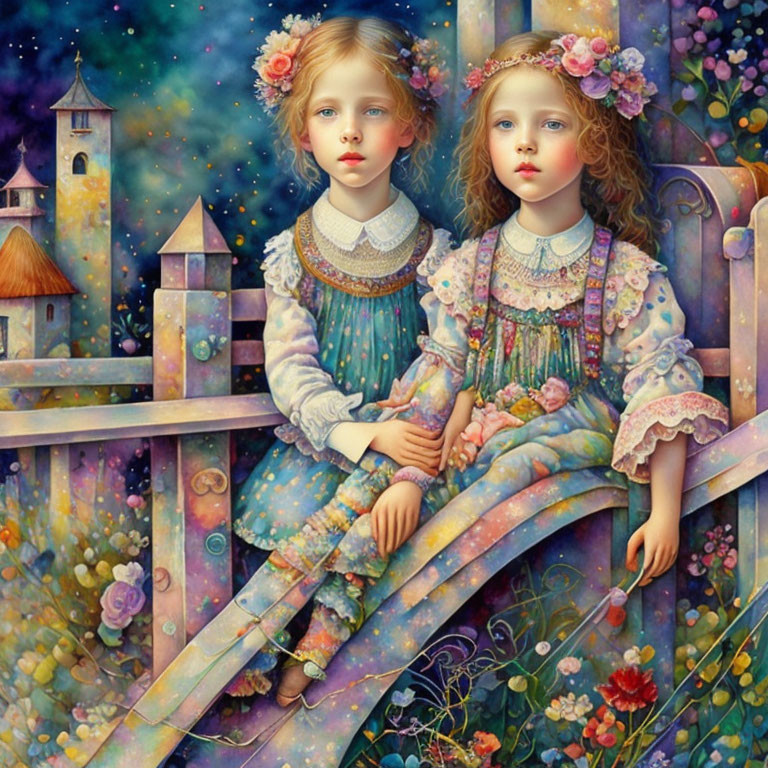 Two girls in floral crowns on colorful bridge with fairy-tale castle.