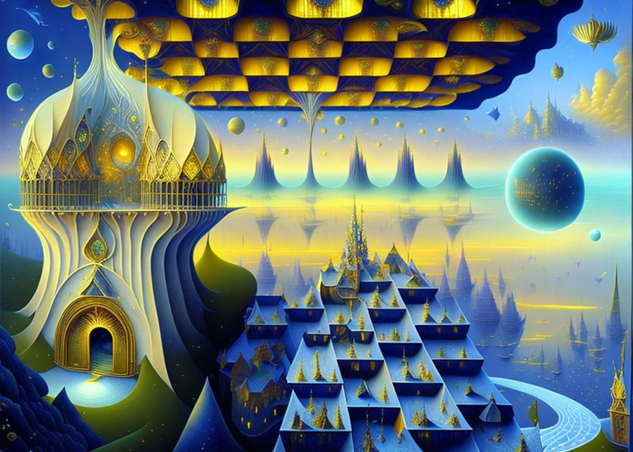 Ornate golden-blue palaces, airships, and planets in a fantastical landscape