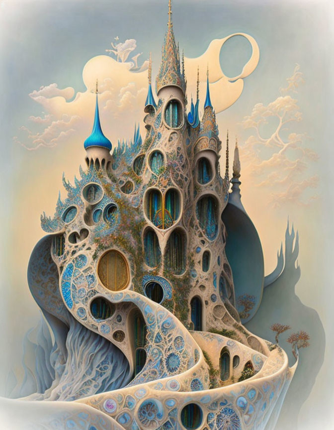 Intricate fantasy castle painting against celestial sky