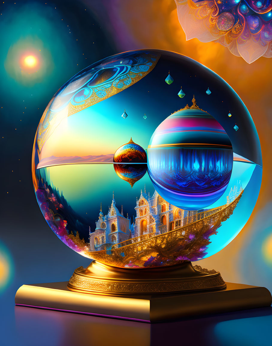 Colorful Crystal Ball with Surreal Landscapes and Celestial Bodies