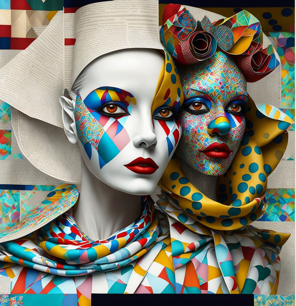 Colorful female figures with geometric face patterns and vibrant headpieces against patterned background