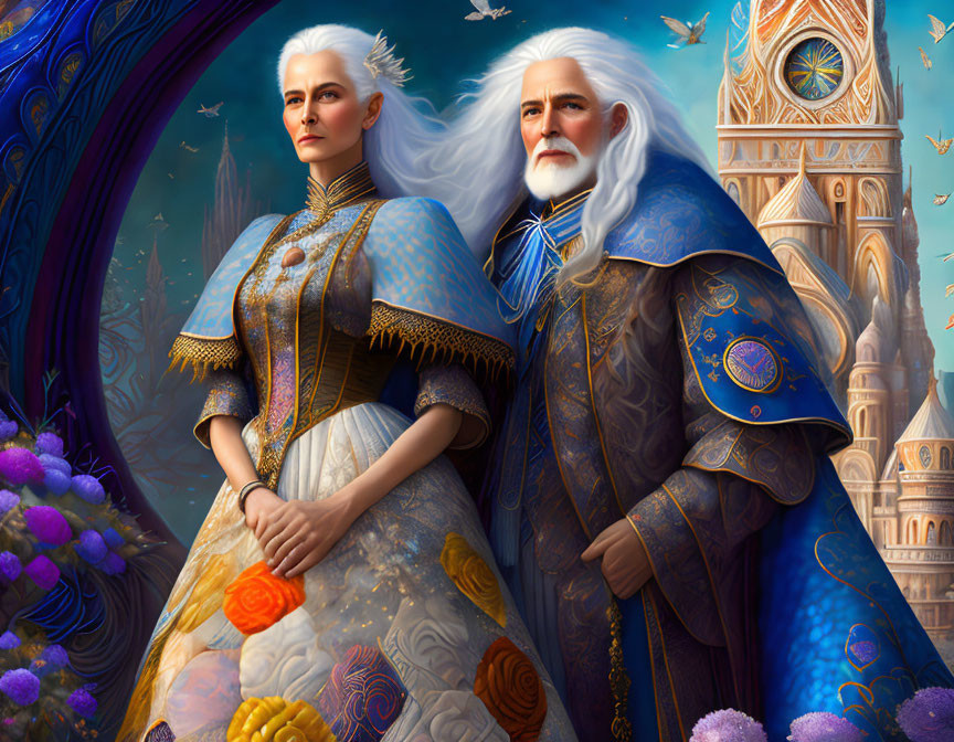 Medieval fantasy illustration of regal couple in ornate attire before castle and mystical portal