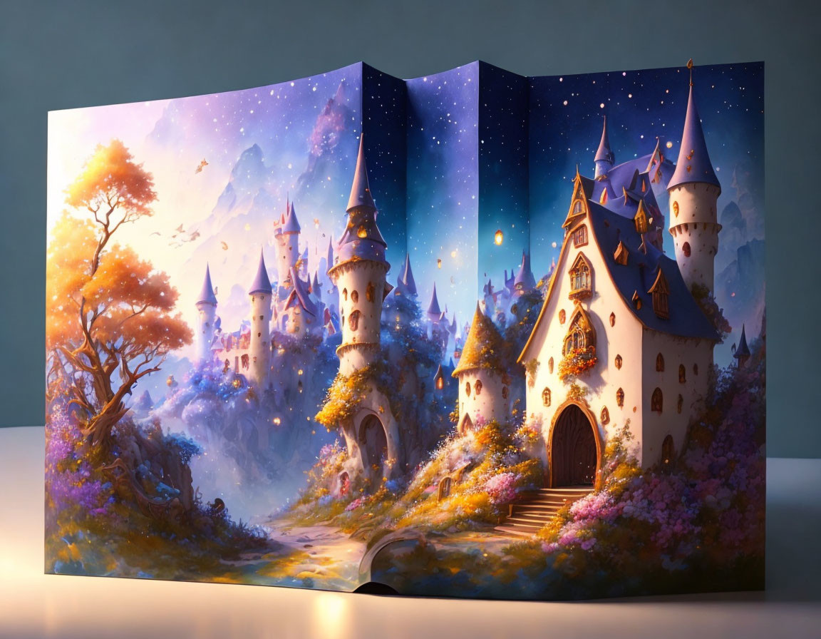 Vibrant fantasy castle in magical forest pop-up book