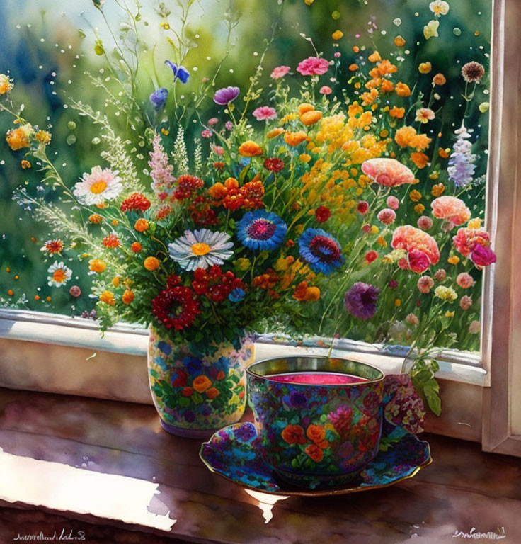 Colorful watercolor painting of bouquet, vase, teacup on windowsill.