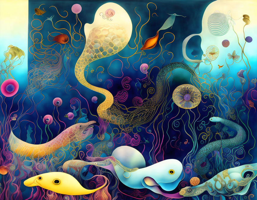 Colorful Underwater Scene with Sea Creatures and Turtle