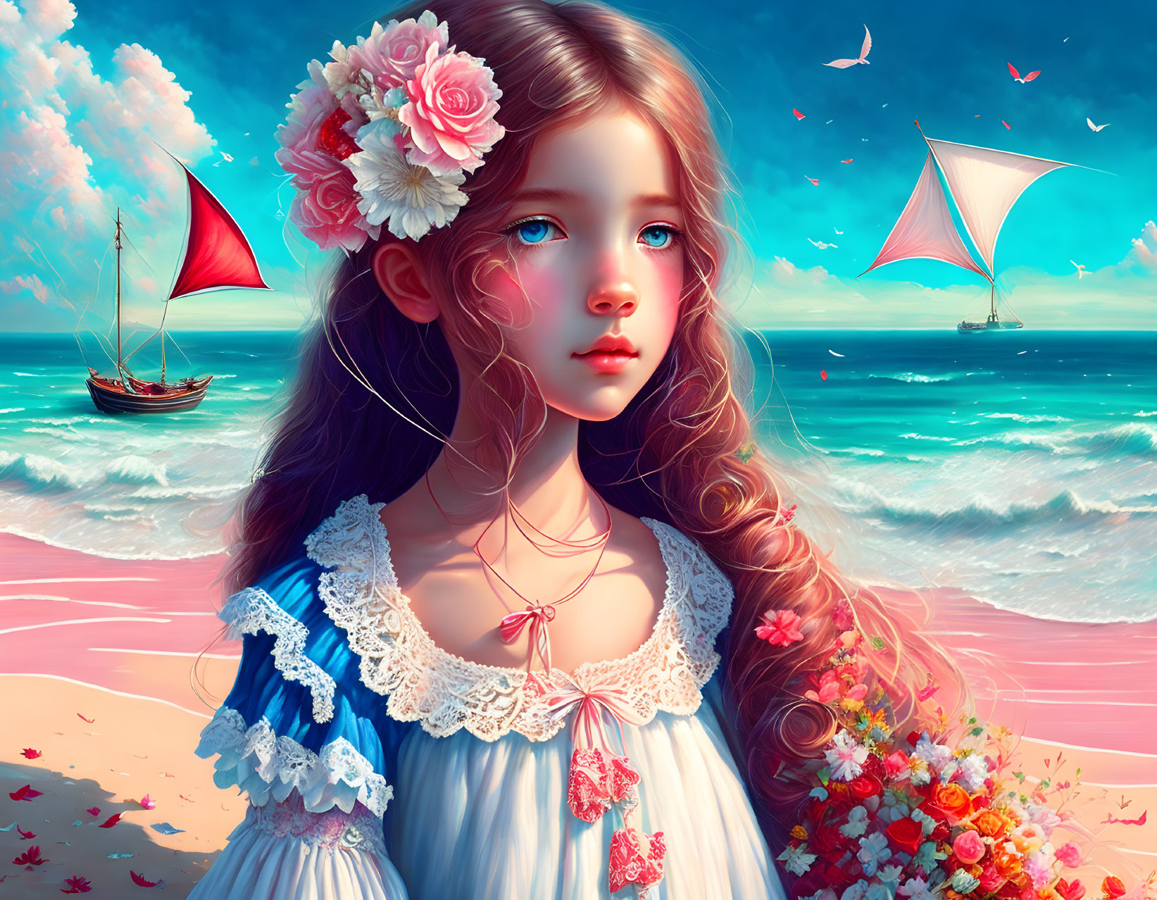 Digital artwork of young girl with flowers, ships, kites by the sea