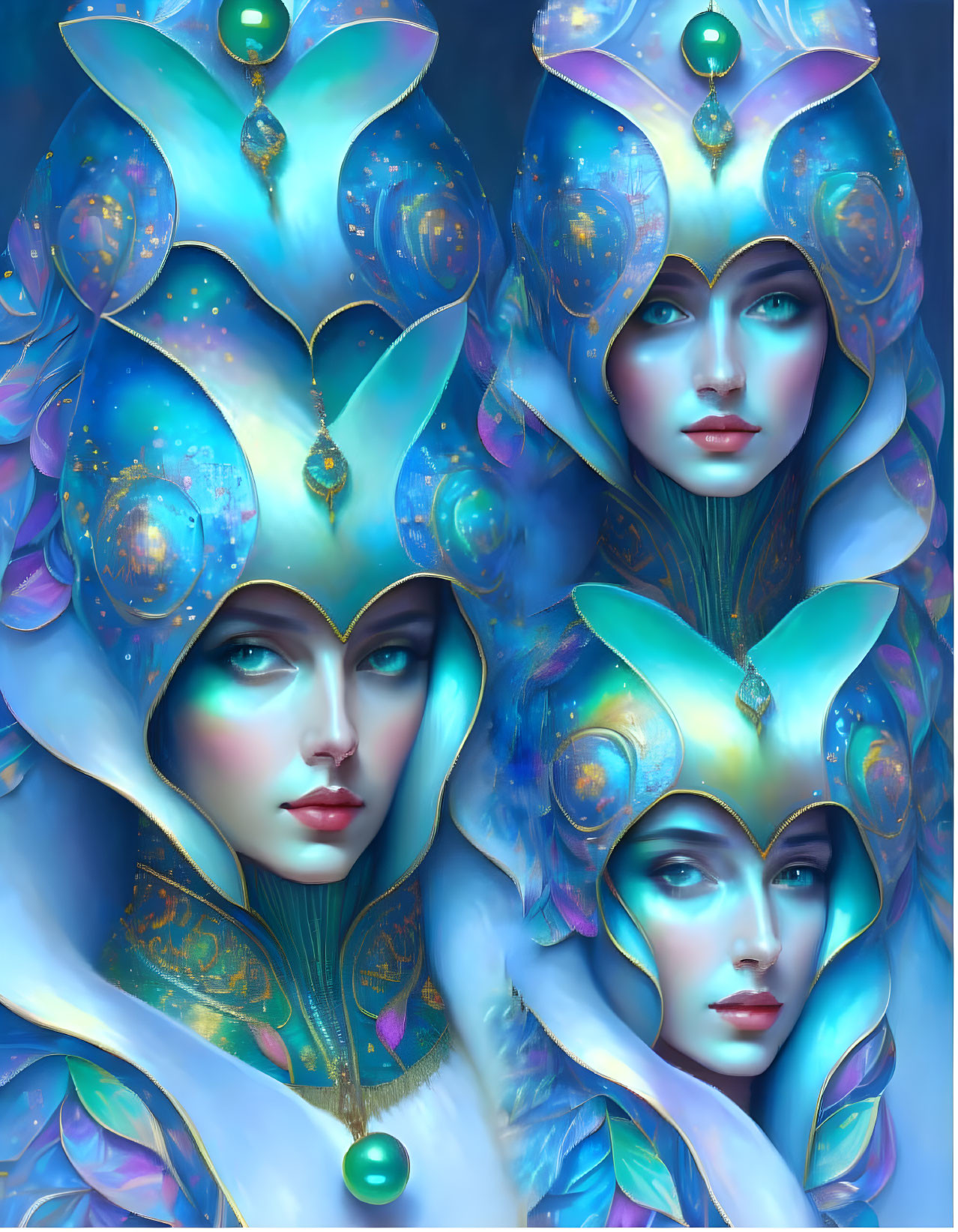 Four identical fantasy female faces with blue and gold headpieces against cool backdrop