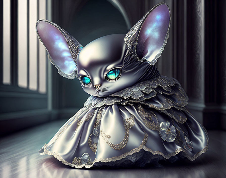 Whimsical digital artwork of a cat in Victorian-style gown