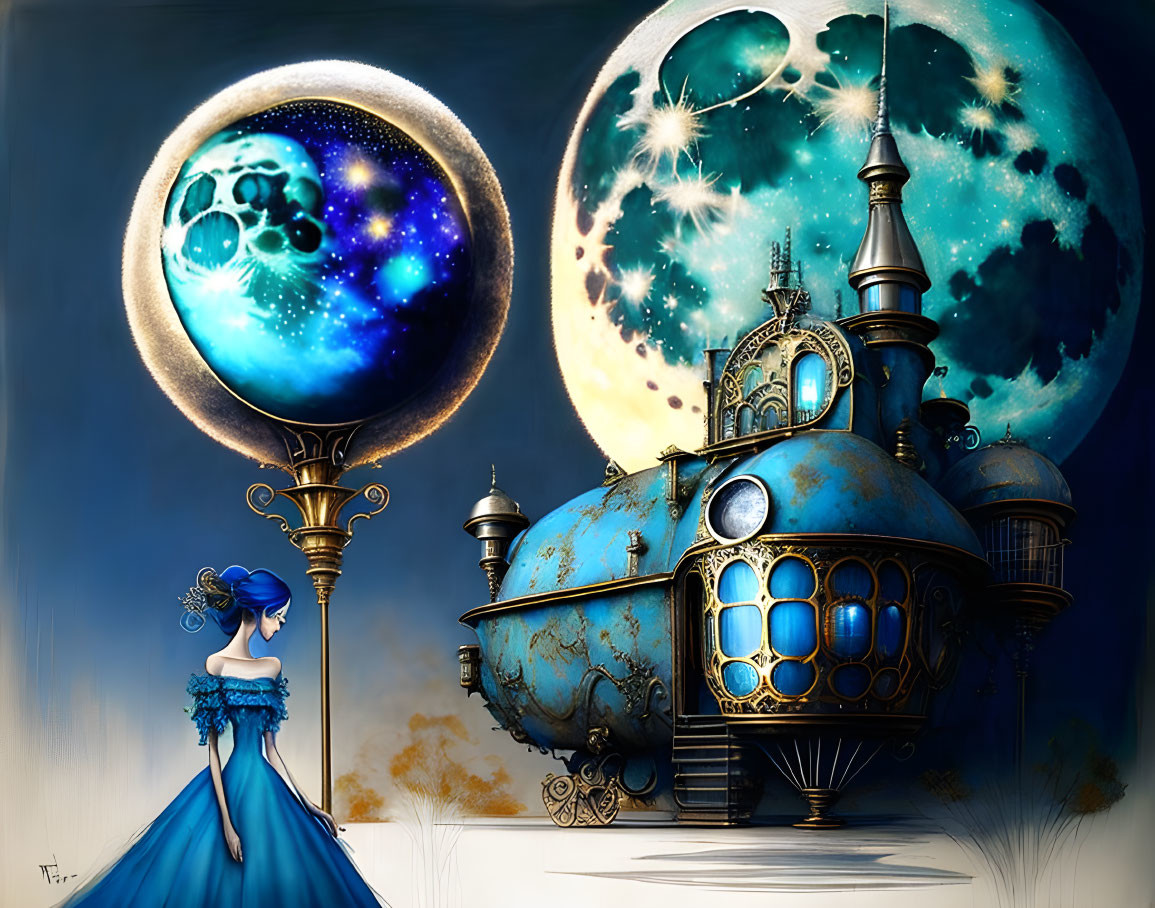 Fantastical illustration of woman in blue dress by ornate train under celestial globes.