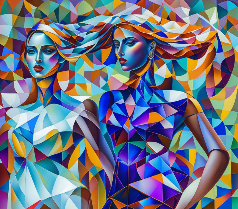 Colorful geometric artwork of two stylized women with angular bodies and flowing hair on mosaic background