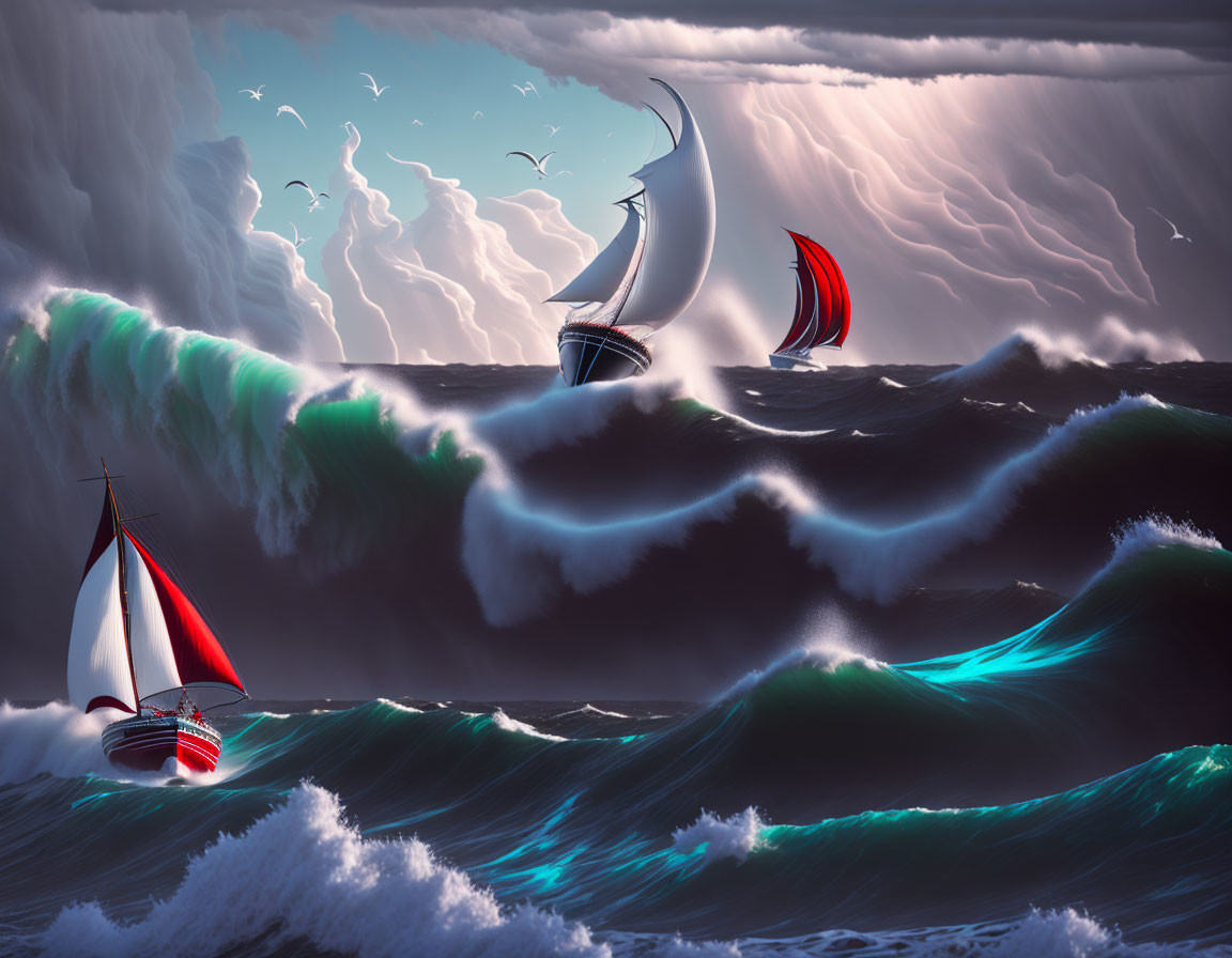 Sailboats in teal waves with stormy sky and birds