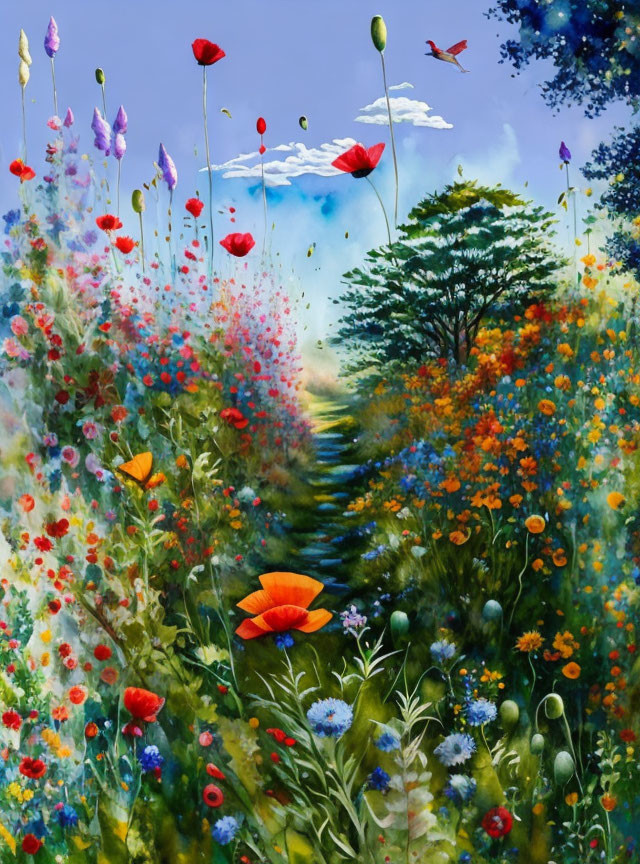 Colorful painting: Blooming flower path, lush green landscape, clear blue sky, with hummingbird