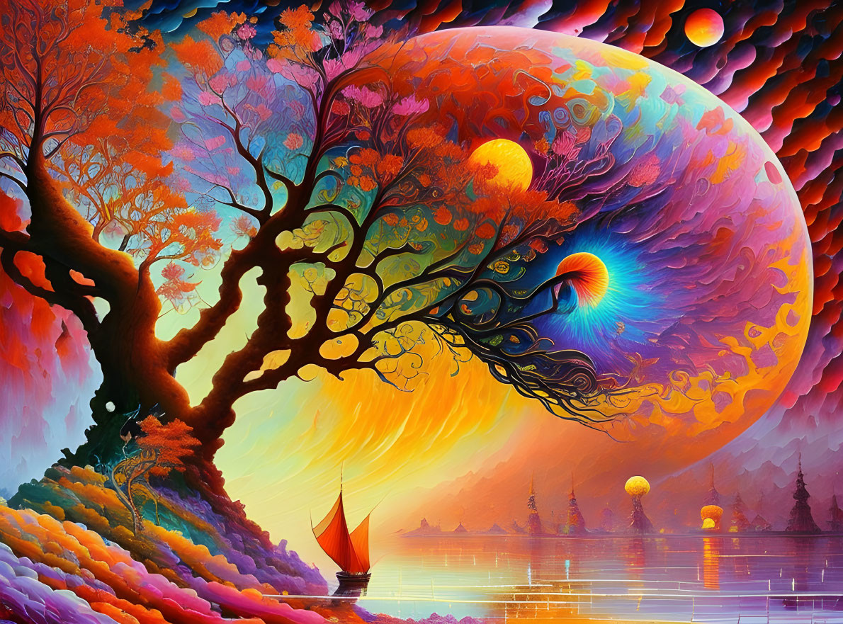 Colorful tree and large moon in surreal landscape with sailing boats