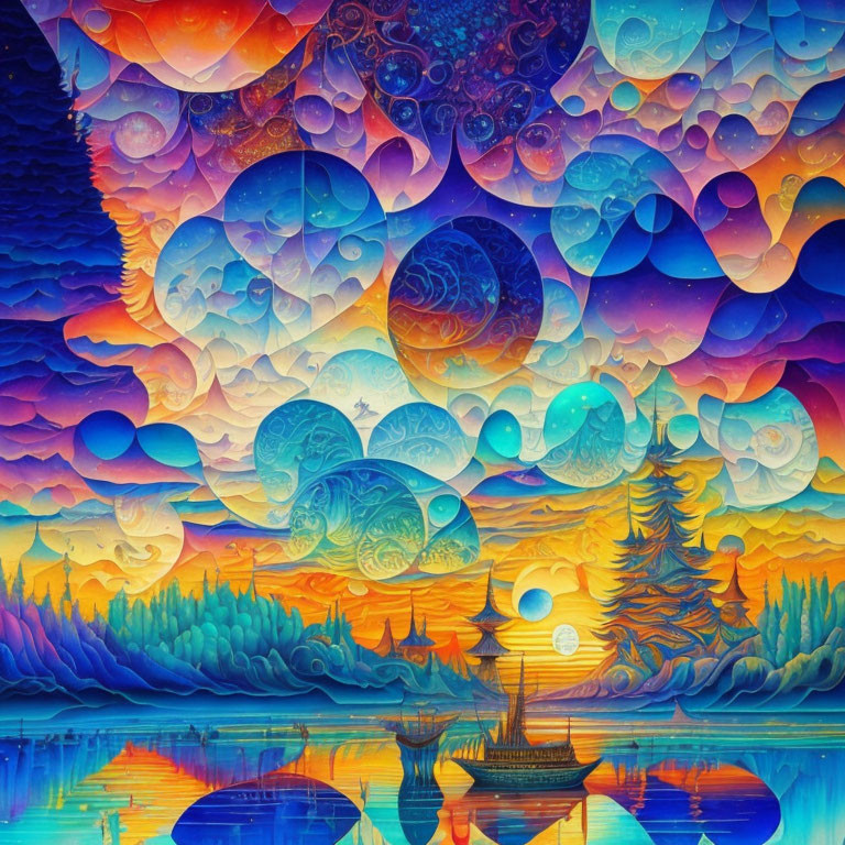 Surreal painting of swirling skies, celestial bodies, colorful landscape, tranquil water, and silhou