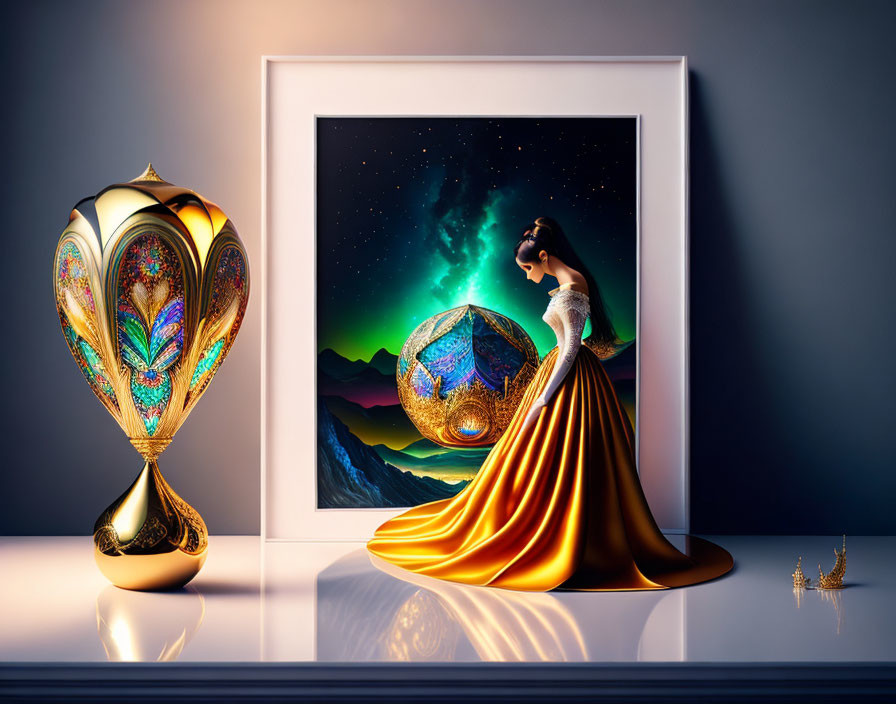 Ornate vase, artwork of woman with glowing orb, golden figure under starry sky