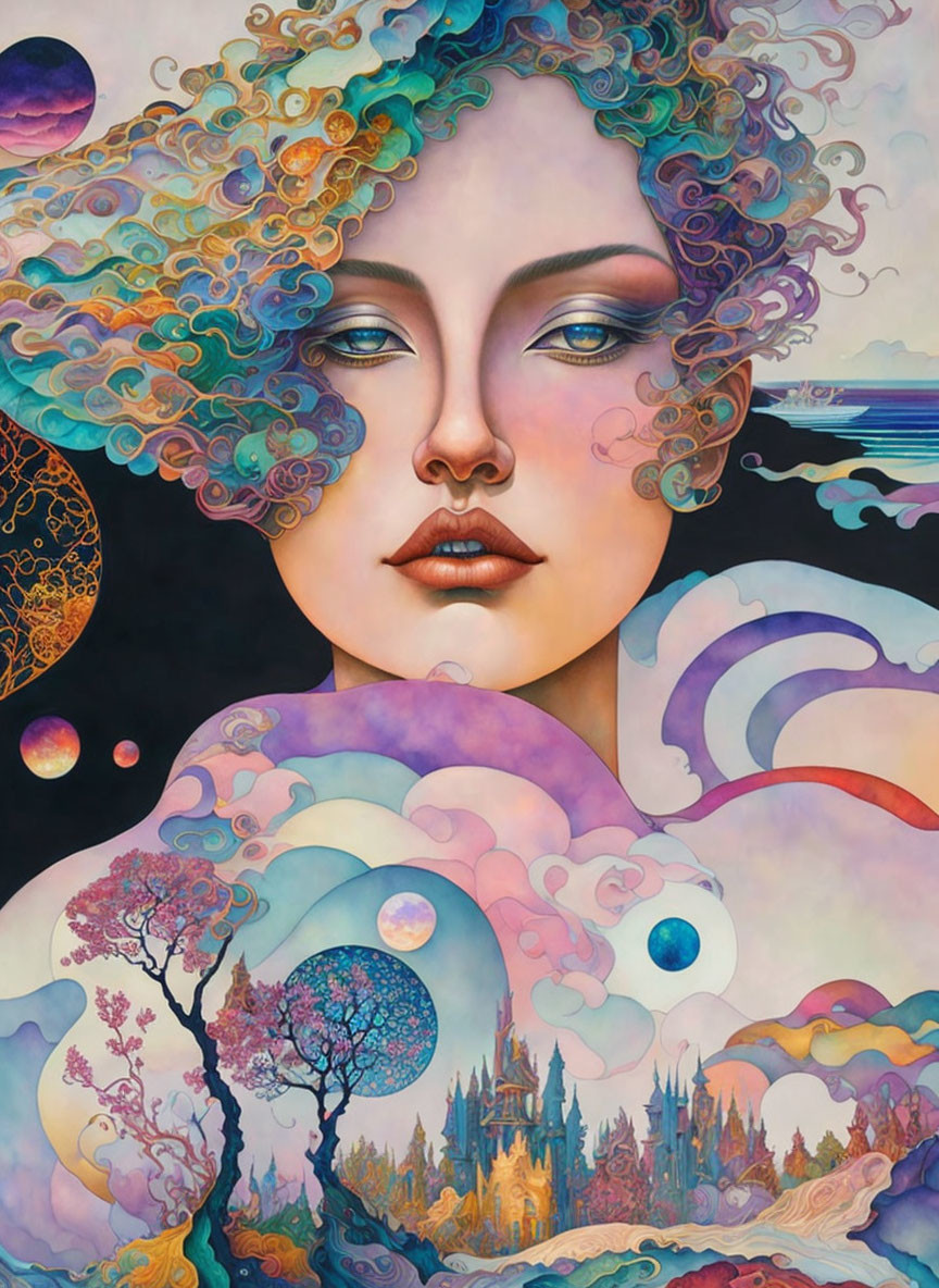 Surrealist painting: Woman's face in dream-like scenery