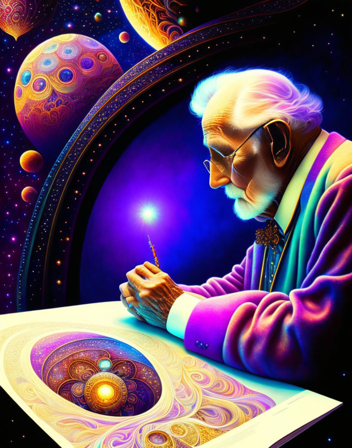 Elderly man painting cosmic illustration with colorful celestial bodies