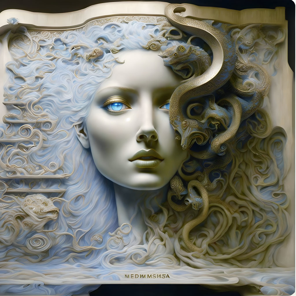 Surreal artwork: Woman's face with blue eyes, ornate hair, octopus tentacles